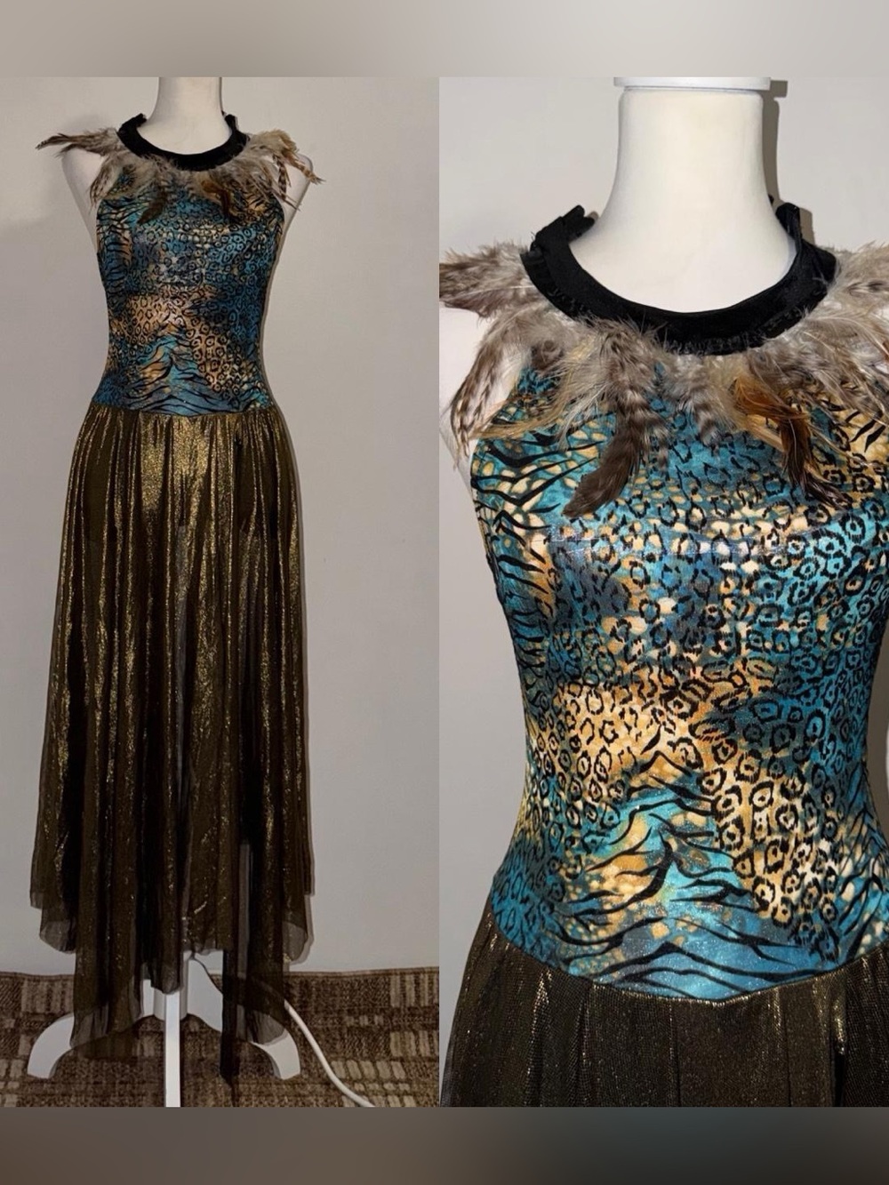 halloween costume brown gold metallic like skirt and blue leopard animal print